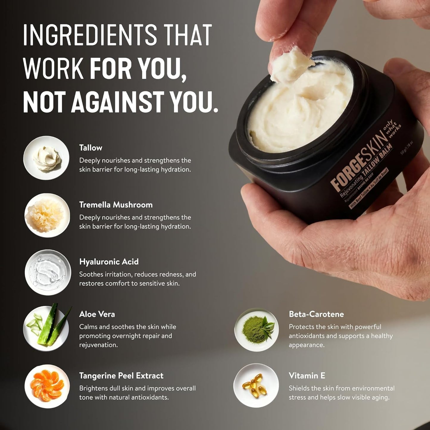 Forge Skin Beef Tallow Balm Moisturizer for Men Skin Care - Face + Body Wrinkle Defense, Hydration Cream - Natural Skincare Lotion (1.7 OZ)